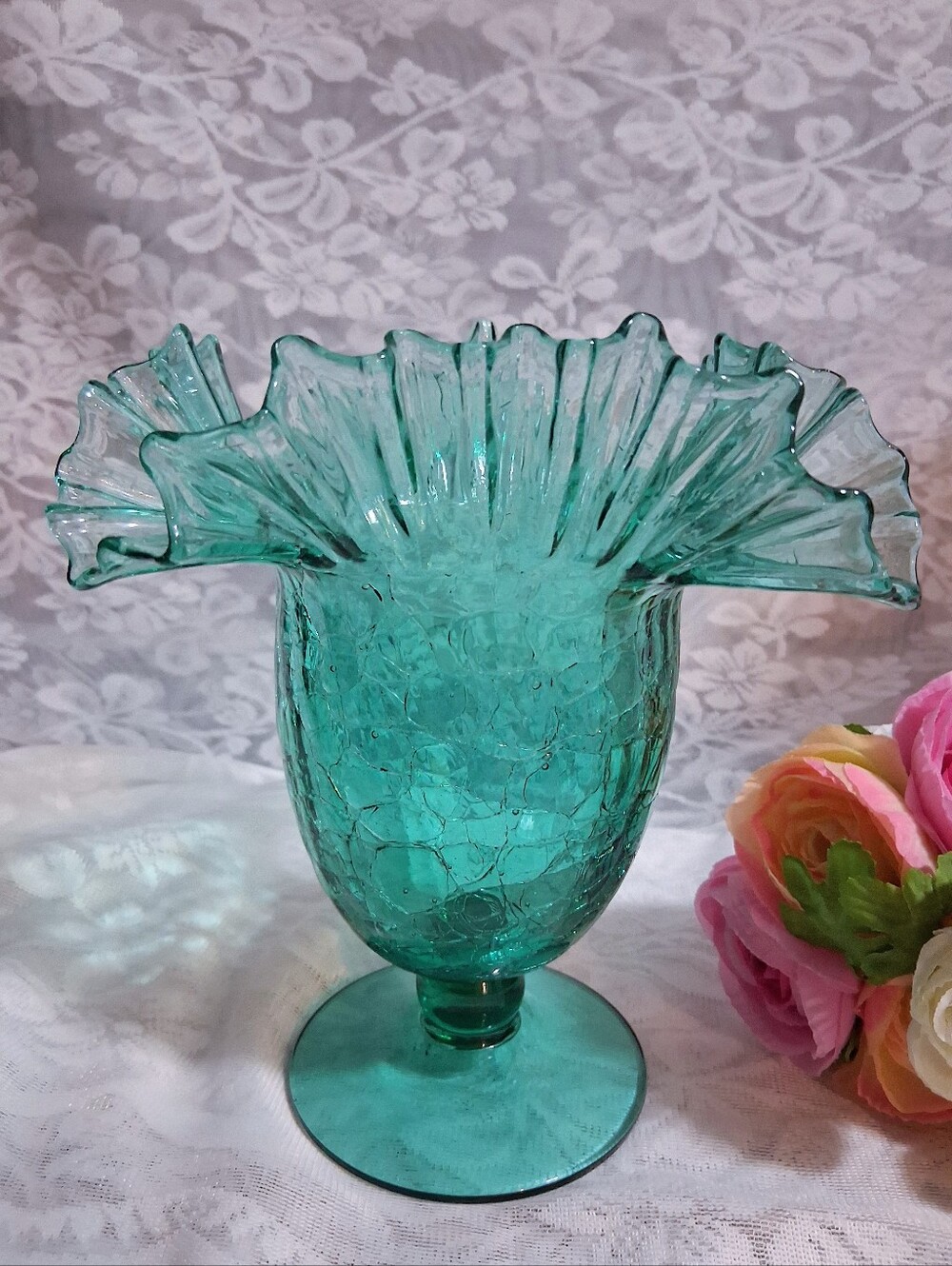 Vintage Blenko Green Ruffle Rim Footed Vase Crackle Glass Crimp 8" Aqua MCM Art